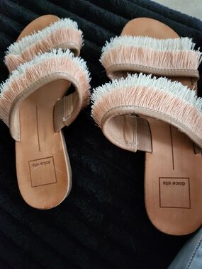 Dolce Vita Tan Slides with Pink and White Fringed Straps